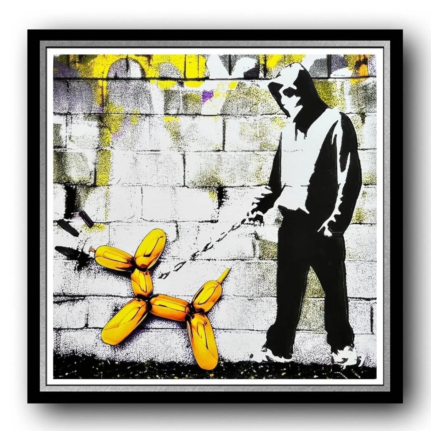 Framed artwork of a person with a dog made of balloons against a wall.